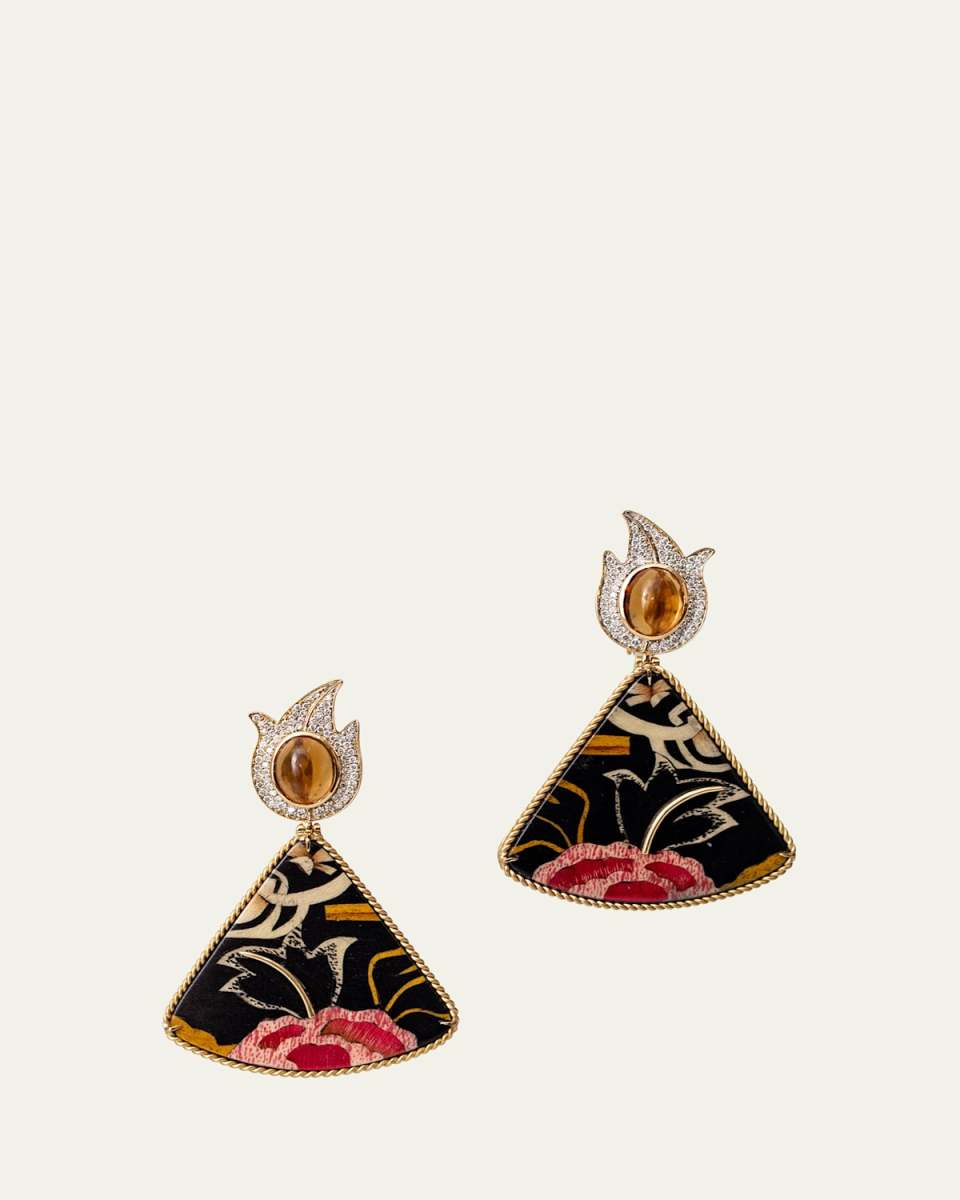 18K Triangular Marquetry Earrings with Tibetan Rose Print, Diamonds and Citrine